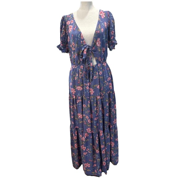 Petal + Pup Maxi Dress Womens 10 Purple Floral Puff Sleeves Cottagecore Prairie - Picture 2 of 4